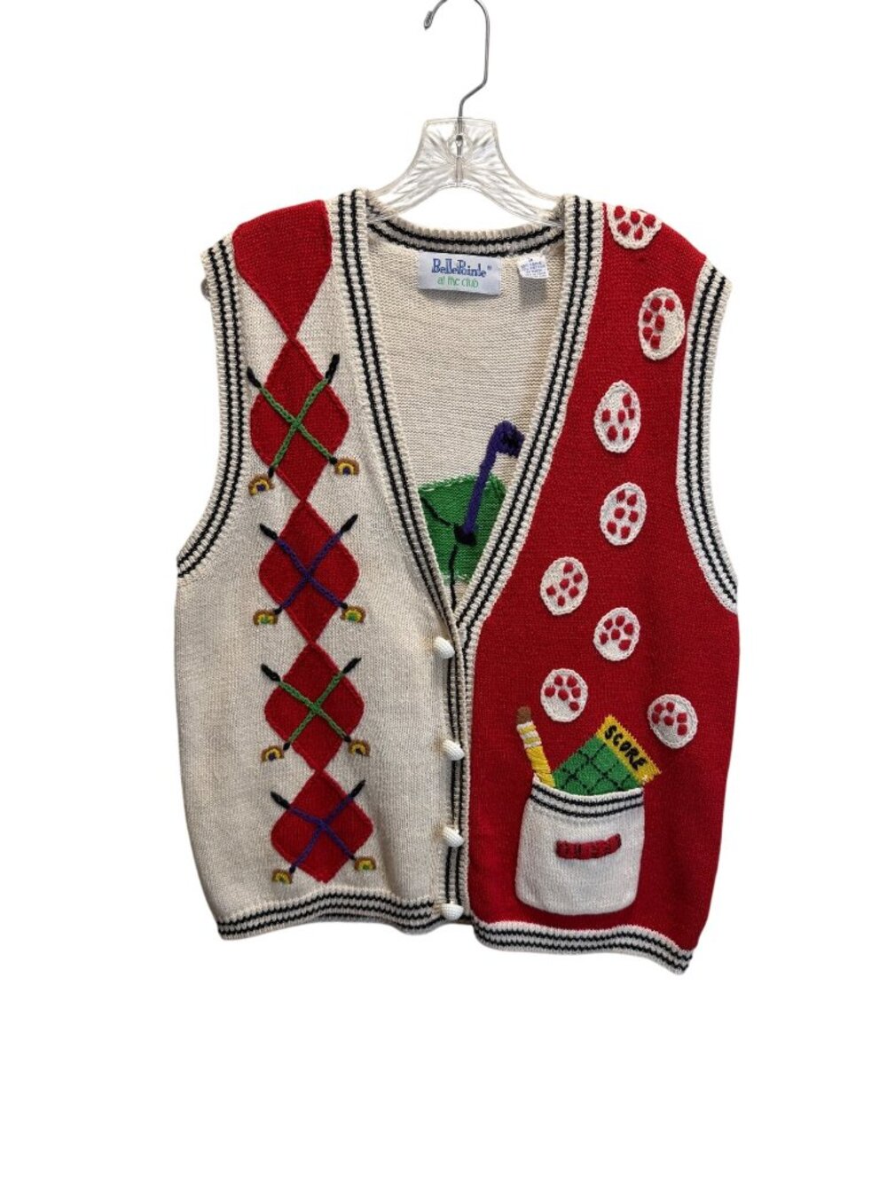 Vintage Bellepointe Golf-Themed Sweater Vest XL Red & White Knit With Embroided